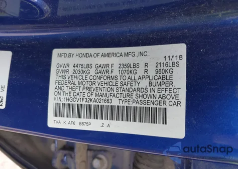 2019 Honda Accord Sport from USA, damaged, VIN 1HGCV1F32KA021663